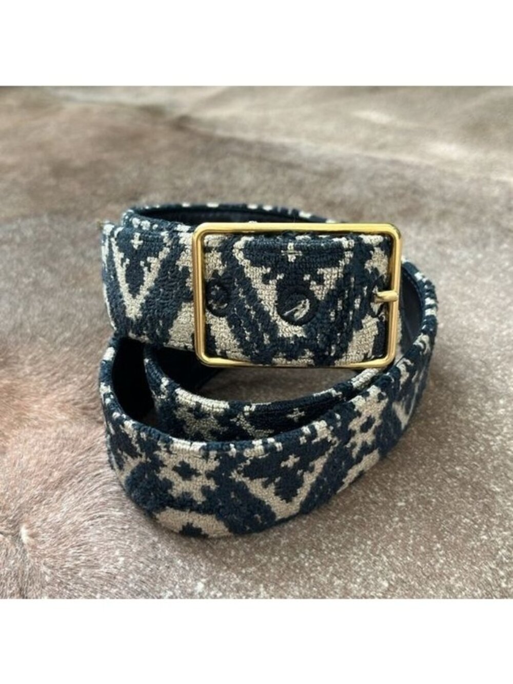 Trussardi Tapestry Leather Lined Brass Buckle Belt